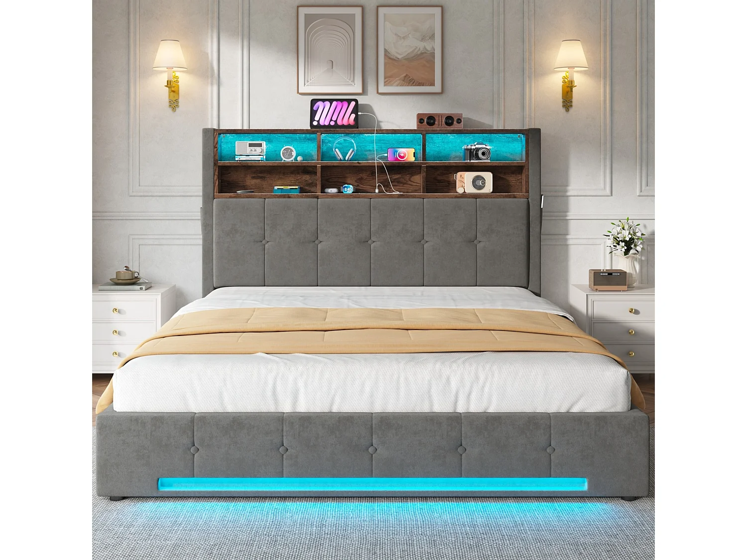 Lit coffre adulte 160x200 cm avec USB-C et LED - Lit double en velours gris foncé