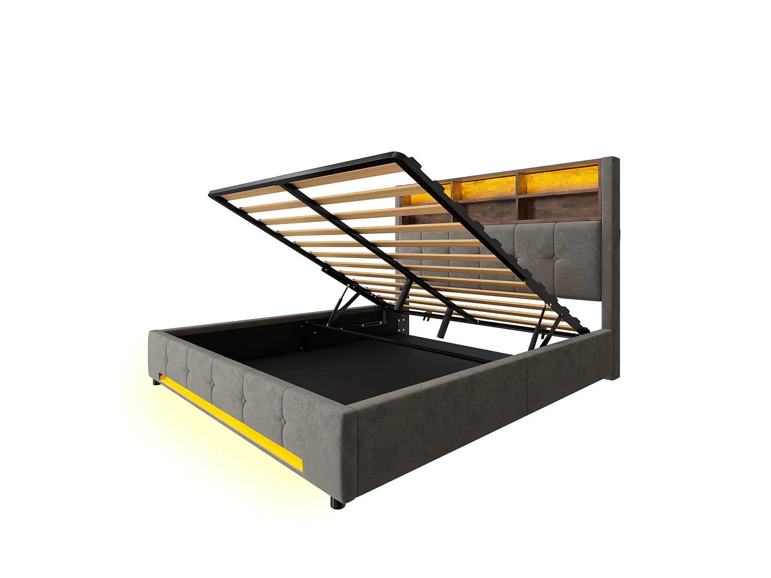 Lit coffre adulte 160x200 cm avec USB-C et LED - Lit double en velours gris foncé