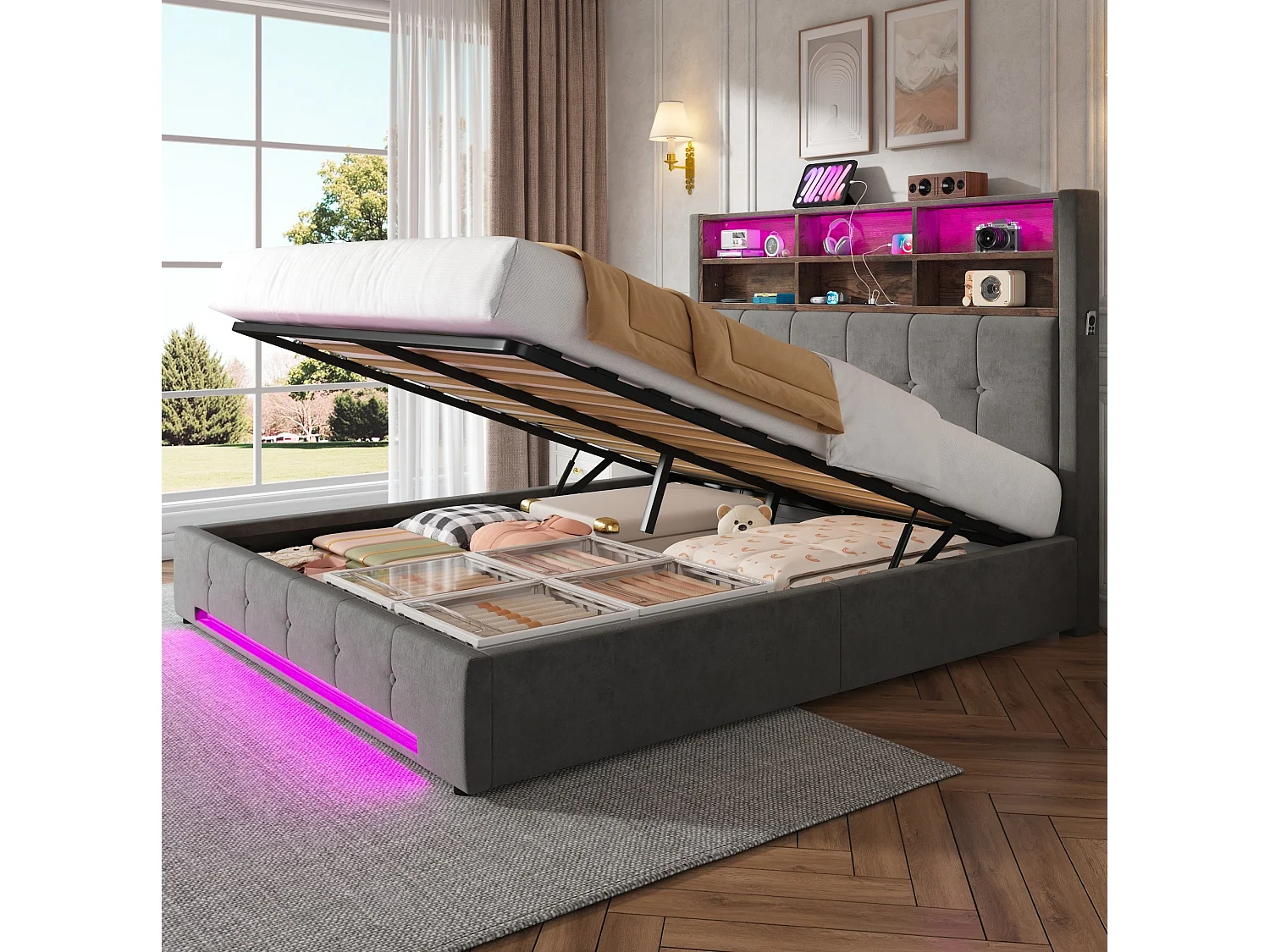 Lit coffre adulte 160x200 cm avec USB-C et LED - Lit double en velours gris foncé