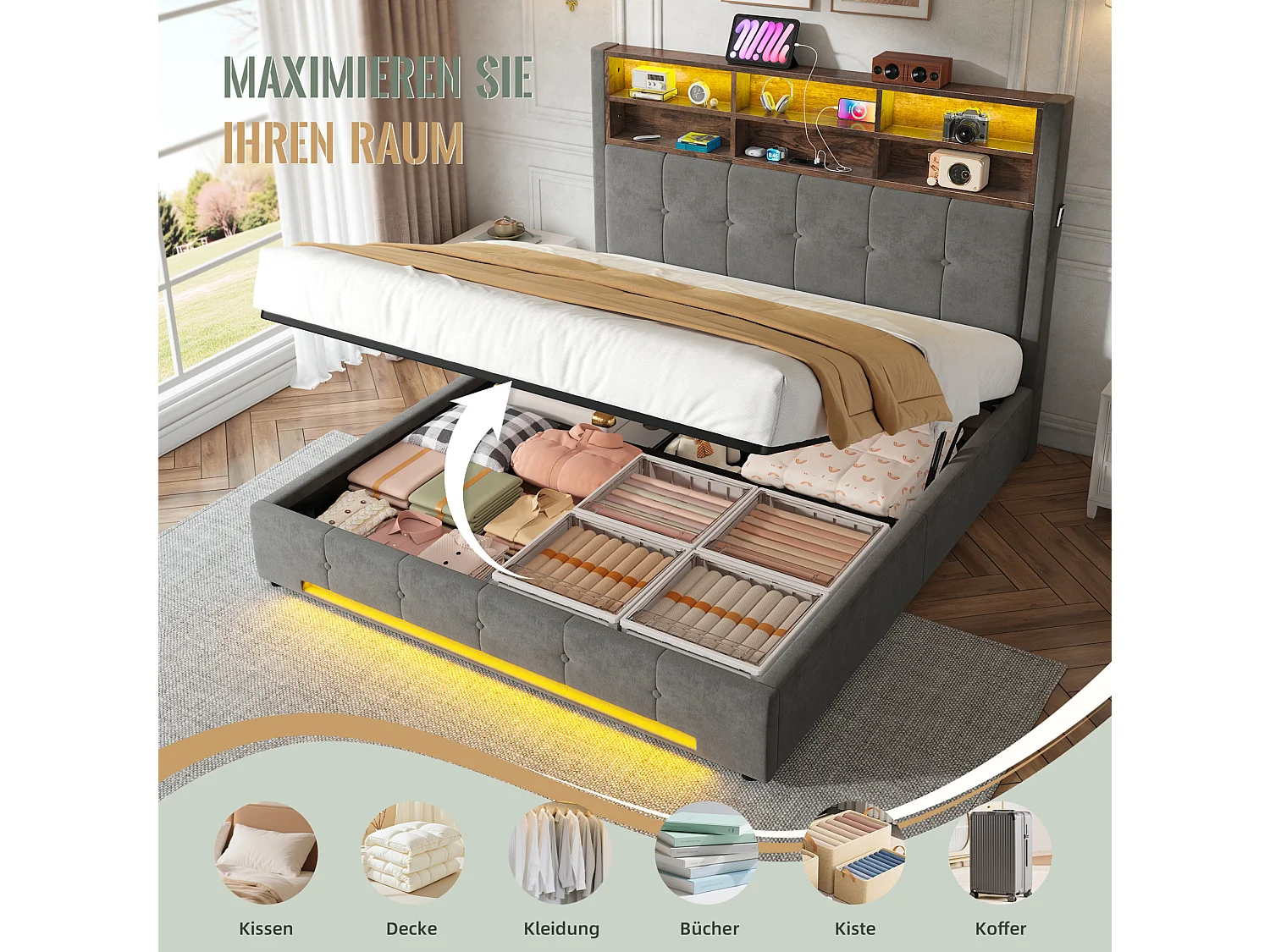 Lit coffre adulte 160x200 cm avec USB-C et LED - Lit double en velours gris foncé