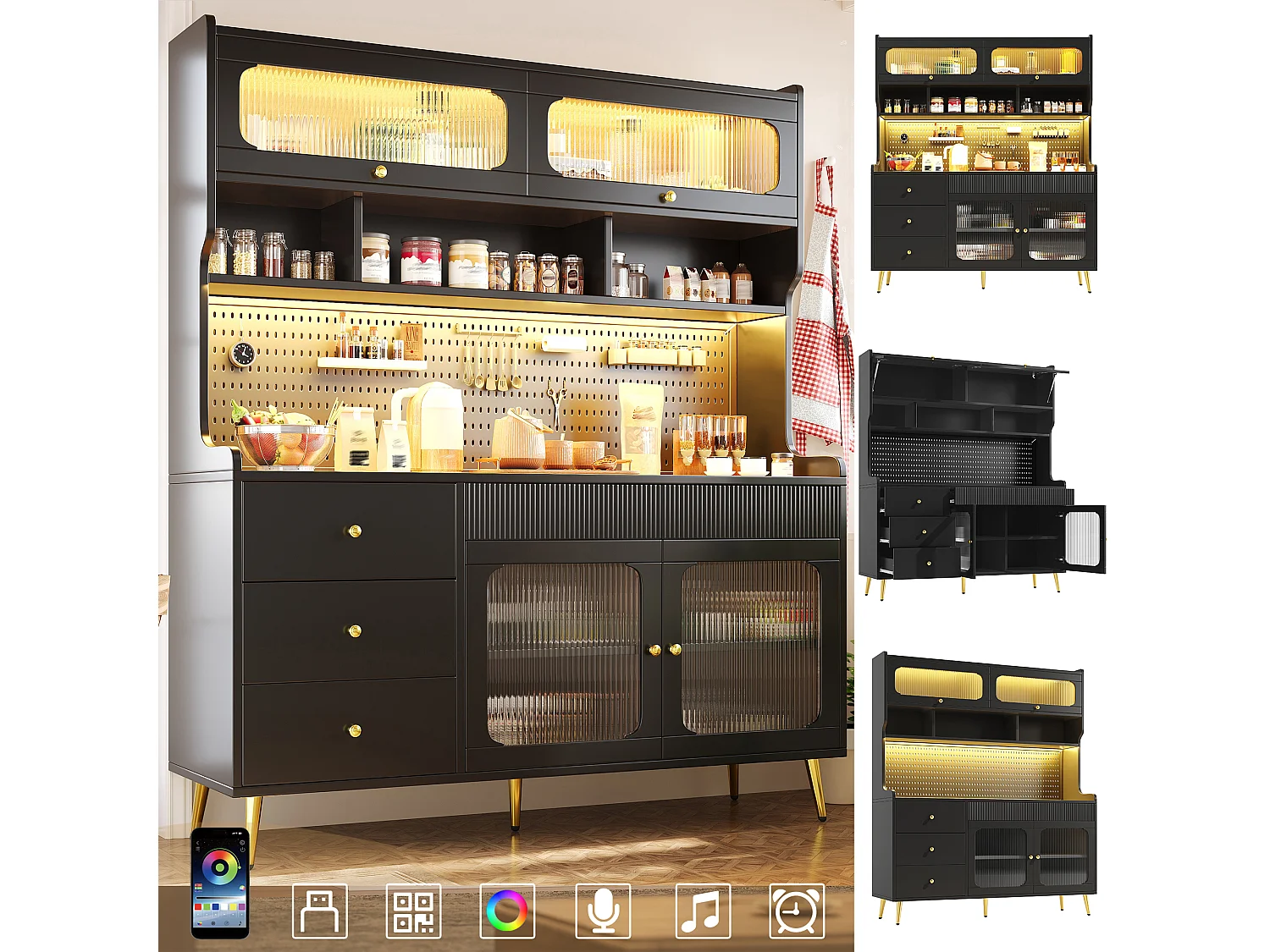 Hoge Opbergkast 171cm - Vitrine met Opklapdeur, LED RGB Verlichting Verbonden, Geperforeerd Metalen Paneel, Gestreept Glas - Zwart