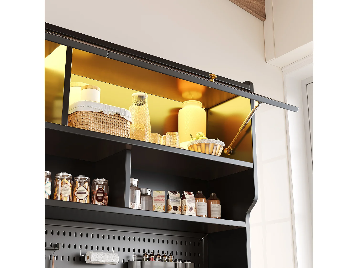 Hoge Opbergkast 171cm - Vitrine met Opklapdeur, LED RGB Verlichting Verbonden, Geperforeerd Metalen Paneel, Gestreept Glas - Zwart