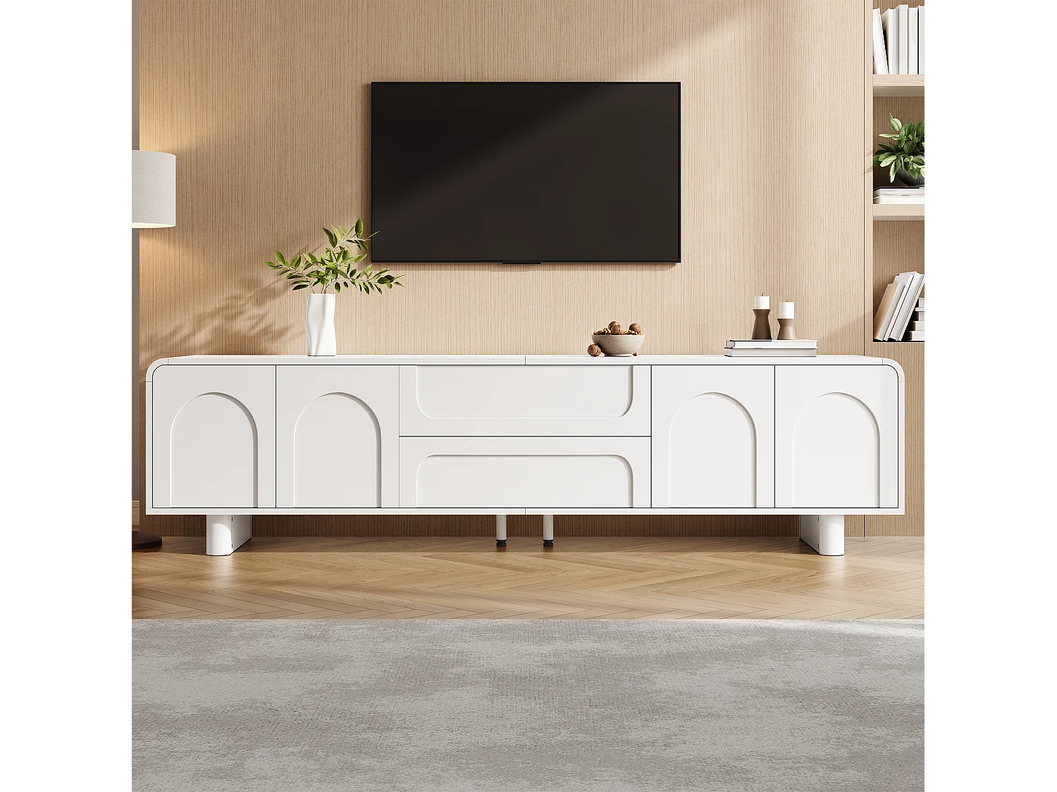 TV-Möbel 180cm - Design-TV-Bank mit abgerundeten Fronten mit Bogenmotiven, 4 Türen und 2 Schubladen, moderner minimalistischer Stil - Weiß
