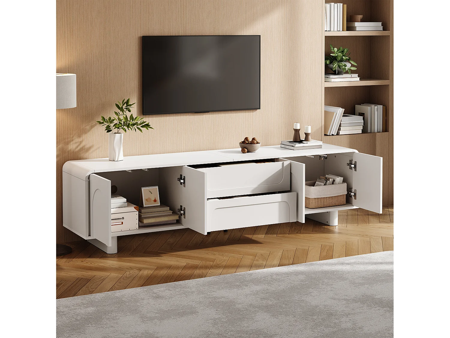TV-Möbel 180cm - Design-TV-Bank mit abgerundeten Fronten mit Bogenmotiven, 4 Türen und 2 Schubladen, moderner minimalistischer Stil - Weiß