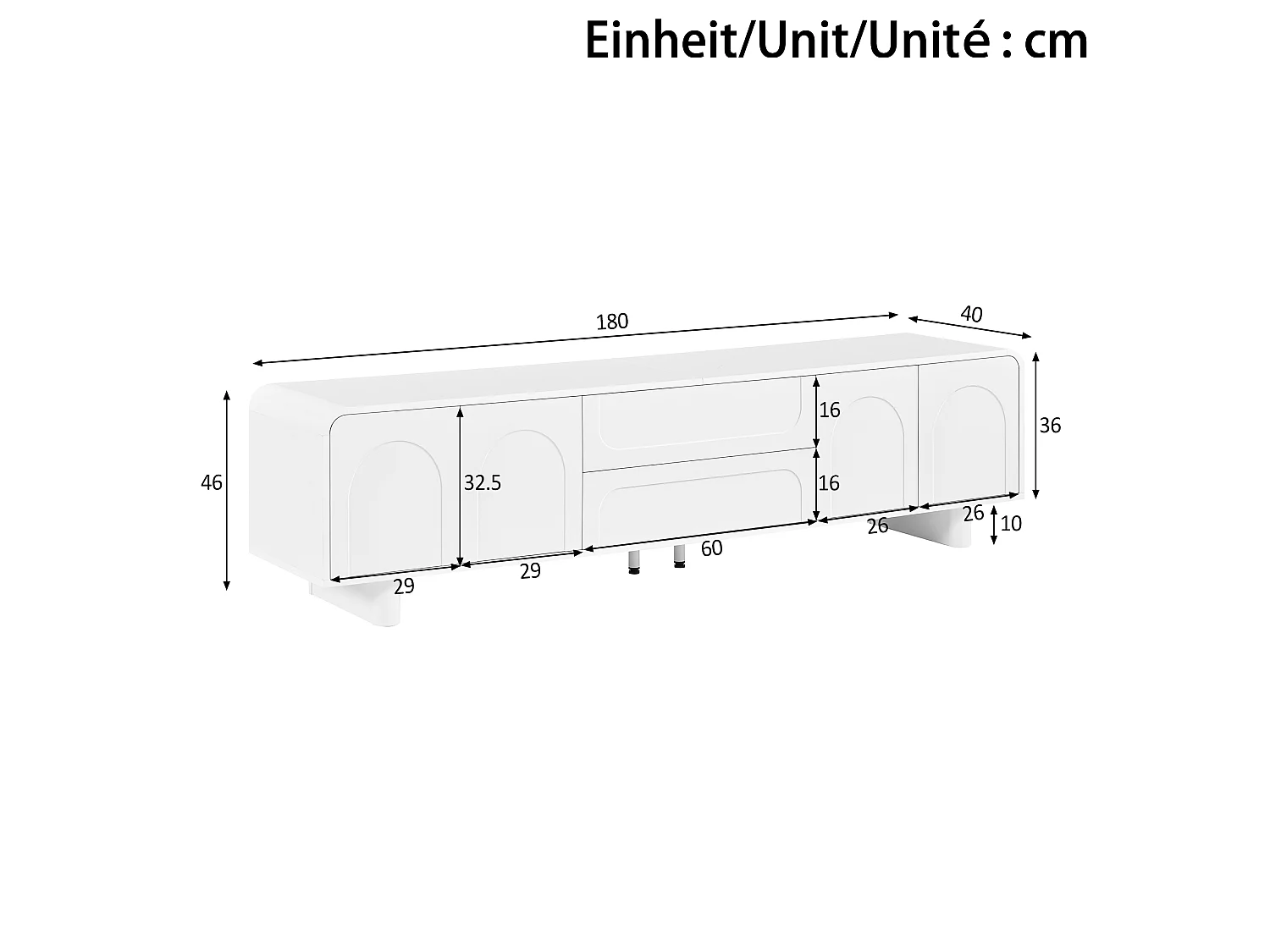 TV-Möbel 180cm - Design-TV-Bank mit abgerundeten Fronten mit Bogenmotiven, 4 Türen und 2 Schubladen, moderner minimalistischer Stil - Weiß