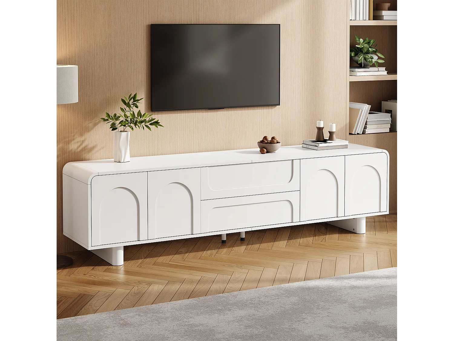 TV-Möbel 180cm - Design-TV-Bank mit abgerundeten Fronten mit Bogenmotiven, 4 Türen und 2 Schubladen, moderner minimalistischer Stil - Weiß