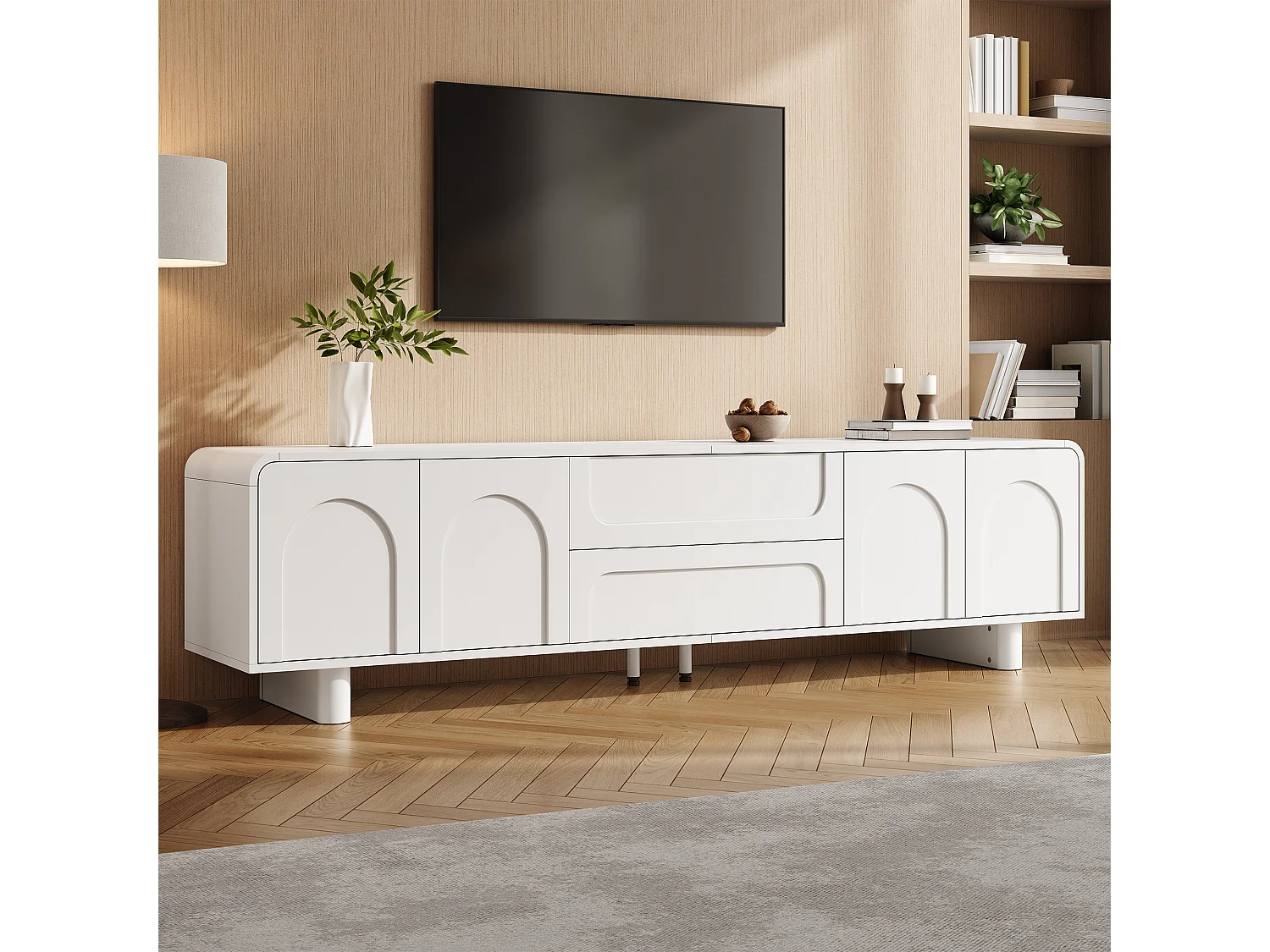 TV-Möbel 180cm - Design-TV-Bank mit abgerundeten Fronten mit Bogenmotiven, 4 Türen und 2 Schubladen, moderner minimalistischer Stil - Weiß
