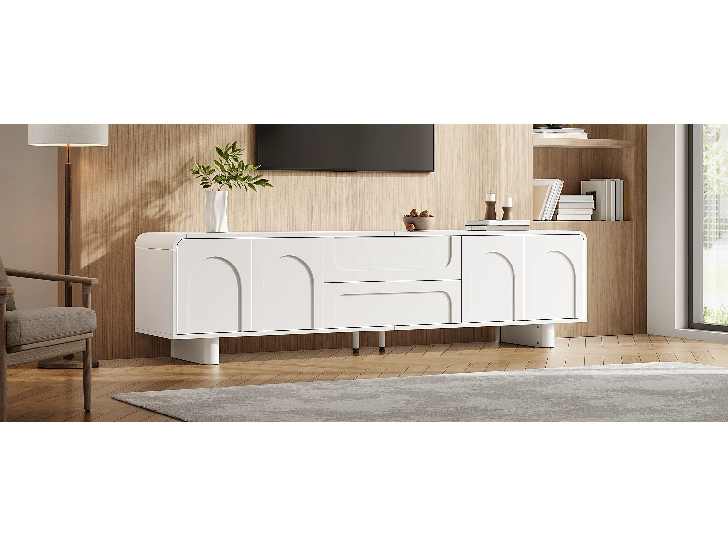 TV-Möbel 180cm - Design-TV-Bank mit abgerundeten Fronten mit Bogenmotiven, 4 Türen und 2 Schubladen, moderner minimalistischer Stil - Weiß
