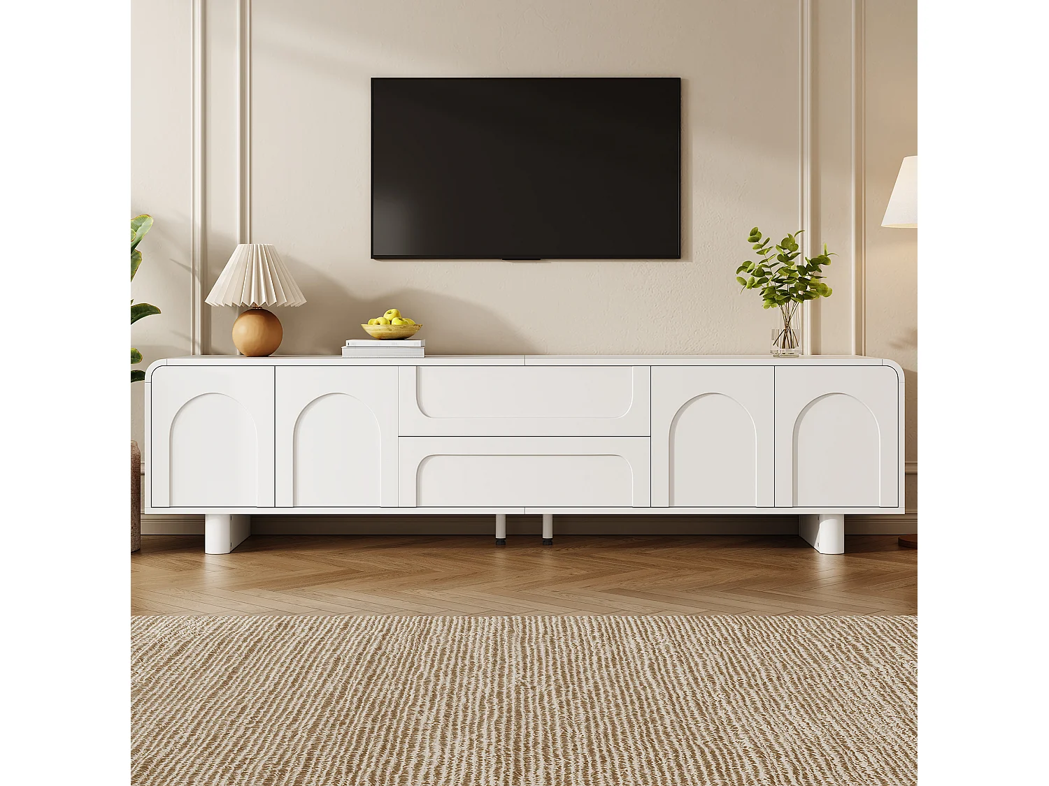 TV-Möbel 180cm - Design-TV-Bank mit abgerundeten Fronten mit Bogenmotiven, 4 Türen und 2 Schubladen, moderner minimalistischer Stil - Weiß