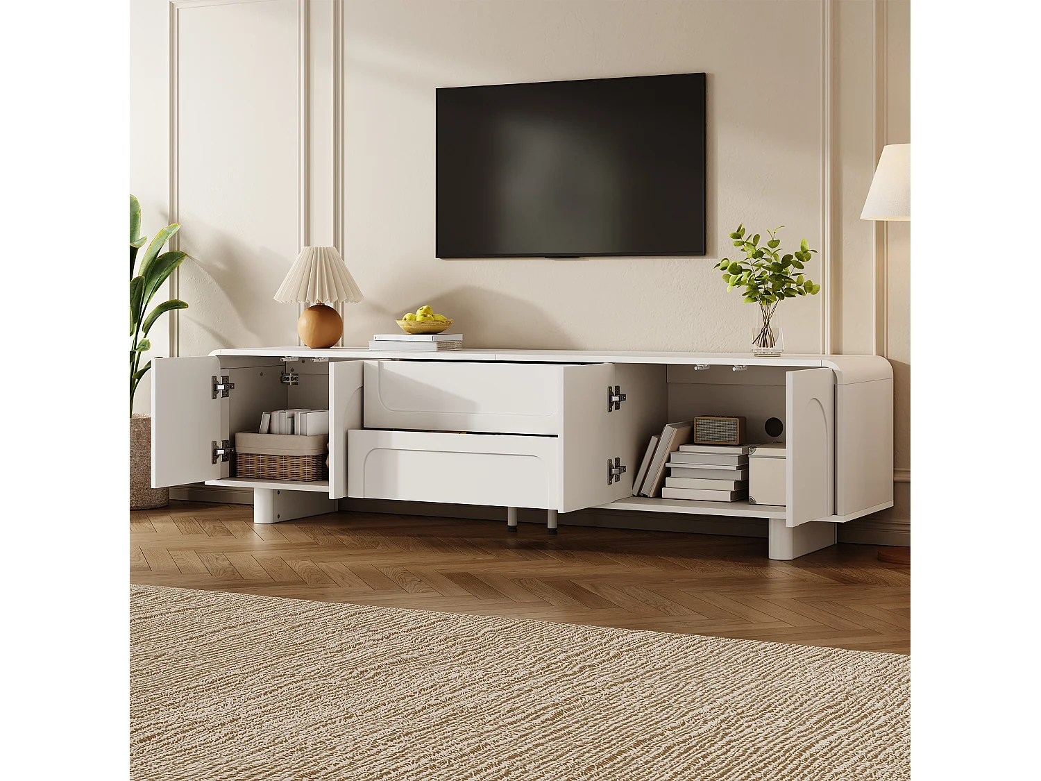 TV-Möbel 180cm - Design-TV-Bank mit abgerundeten Fronten mit Bogenmotiven, 4 Türen und 2 Schubladen, moderner minimalistischer Stil - Weiß