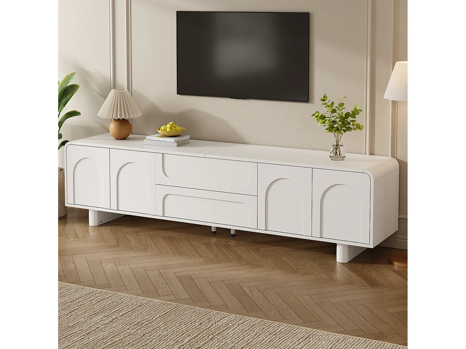 TV-Möbel 180cm - Design-TV-Bank mit abgerundeten Fronten mit Bogenmotiven, 4 Türen und 2 Schubladen, moderner minimalistischer Stil - Weiß
