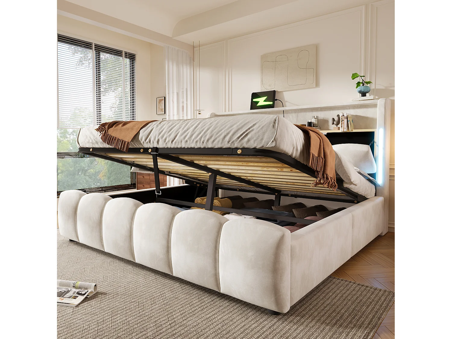Lit coffre adulte 180x200 cm avec LED et ports USB - Lit double en velours beige