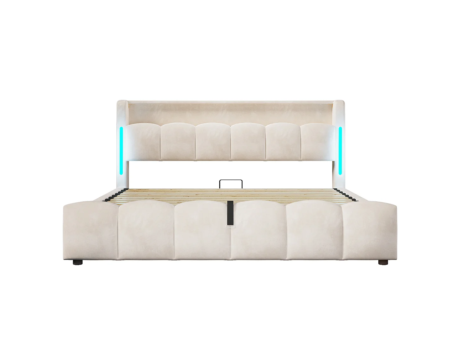 Lit coffre adulte 180x200 cm avec LED et ports USB - Lit double en velours beige