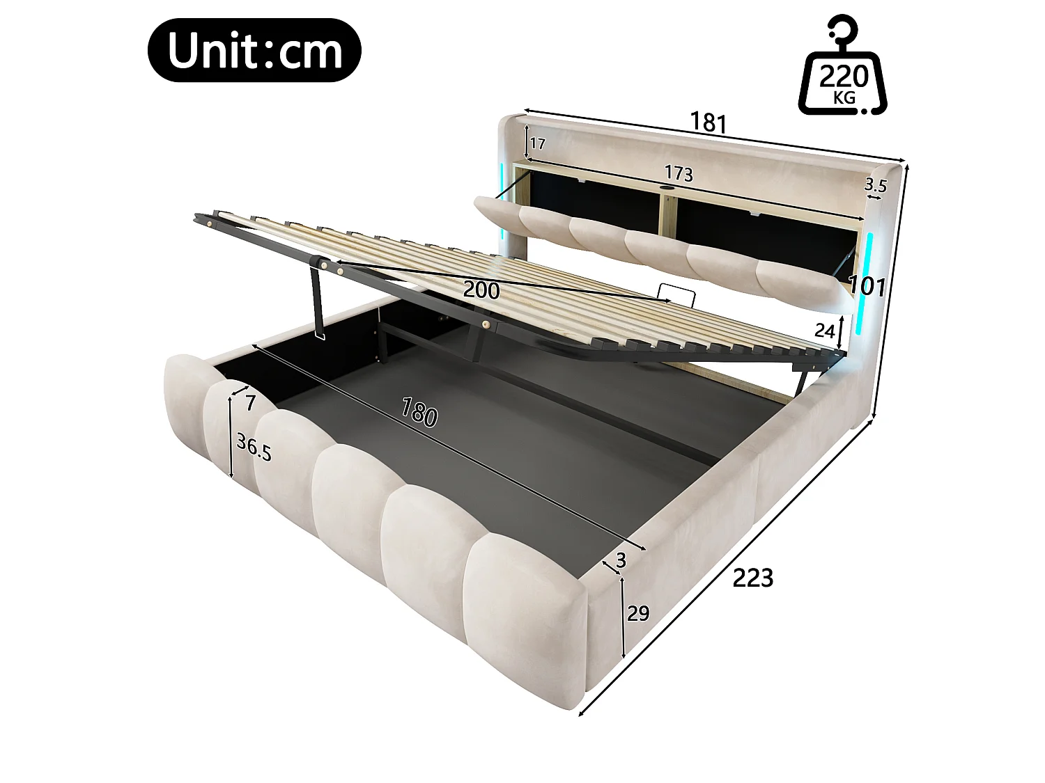 Lit coffre adulte 180x200 cm avec LED et ports USB - Lit double en velours beige