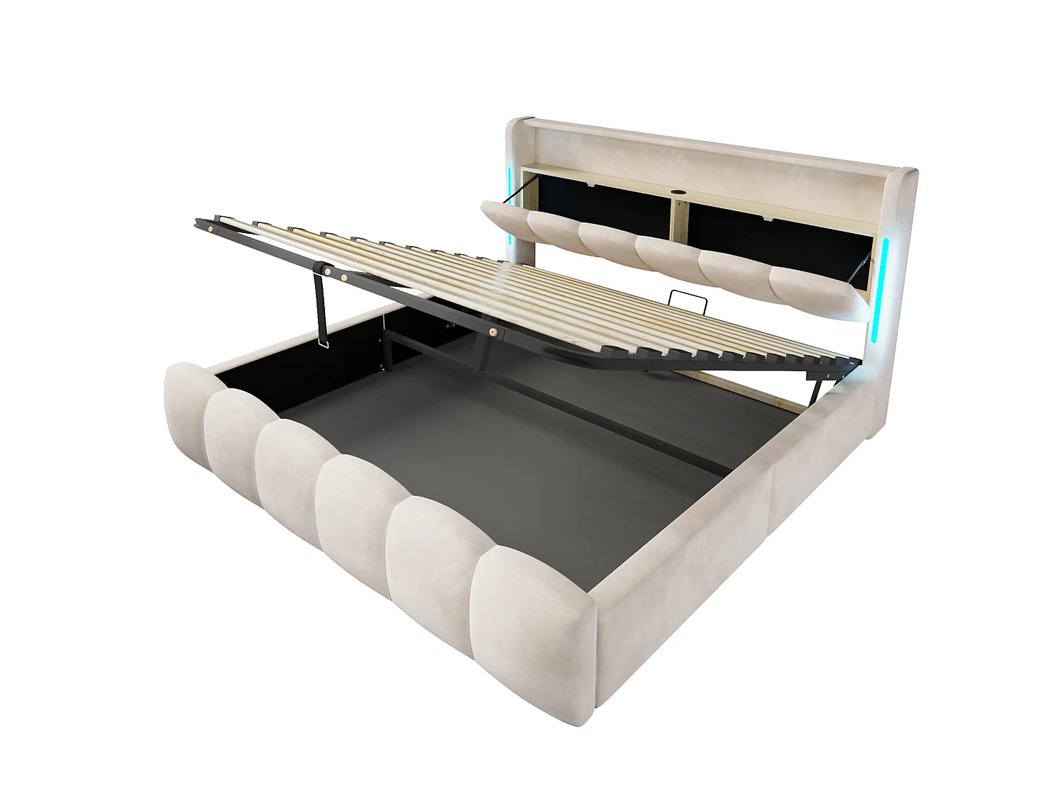 Lit coffre adulte 180x200 cm avec LED et ports USB - Lit double en velours beige