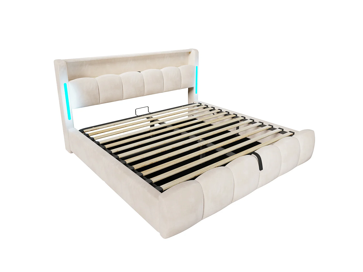 Lit coffre adulte 180x200 cm avec LED et ports USB - Lit double en velours beige