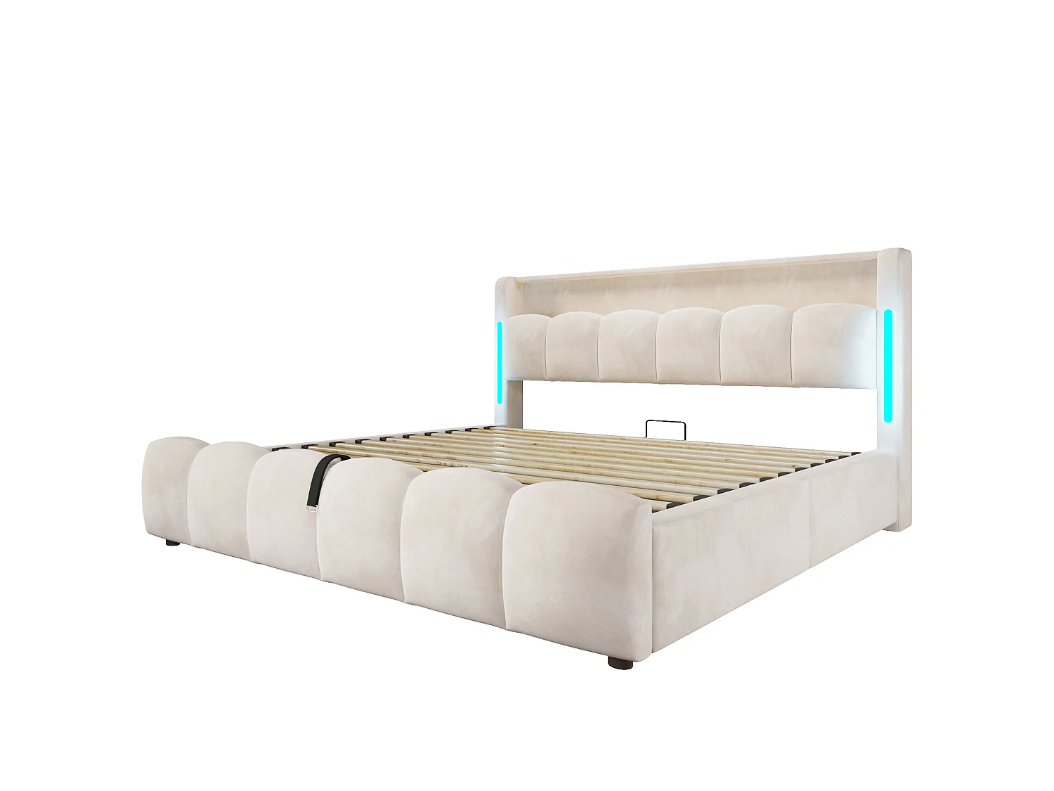 Lit coffre adulte 180x200 cm avec LED et ports USB - Lit double en velours beige