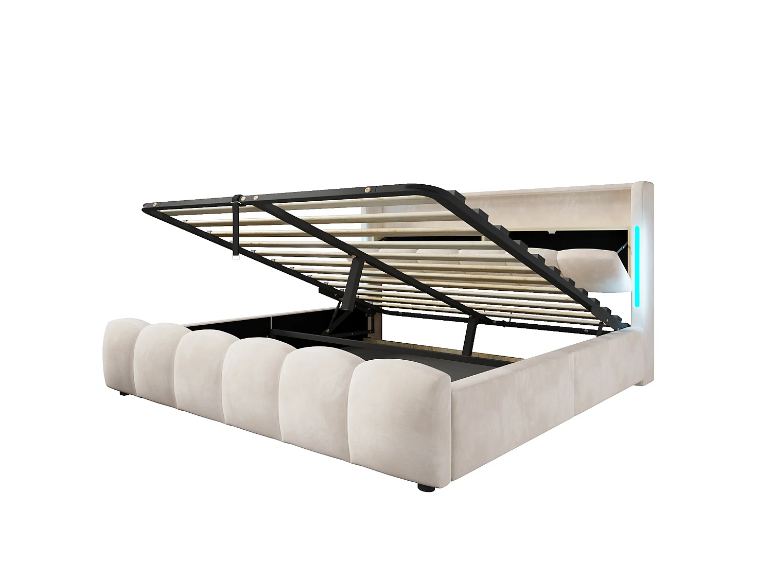 Lit coffre adulte 180x200 cm avec LED et ports USB - Lit double en velours beige