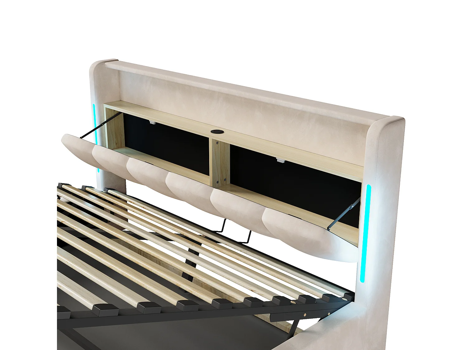 Lit coffre adulte 180x200 cm avec LED et ports USB - Lit double en velours beige
