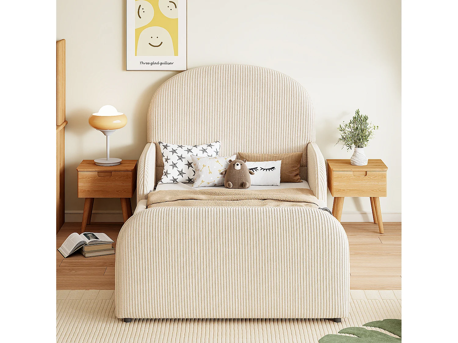 Lit coffre enfant 90x200 cm avec sommier à lattes - Tissu en velours beige