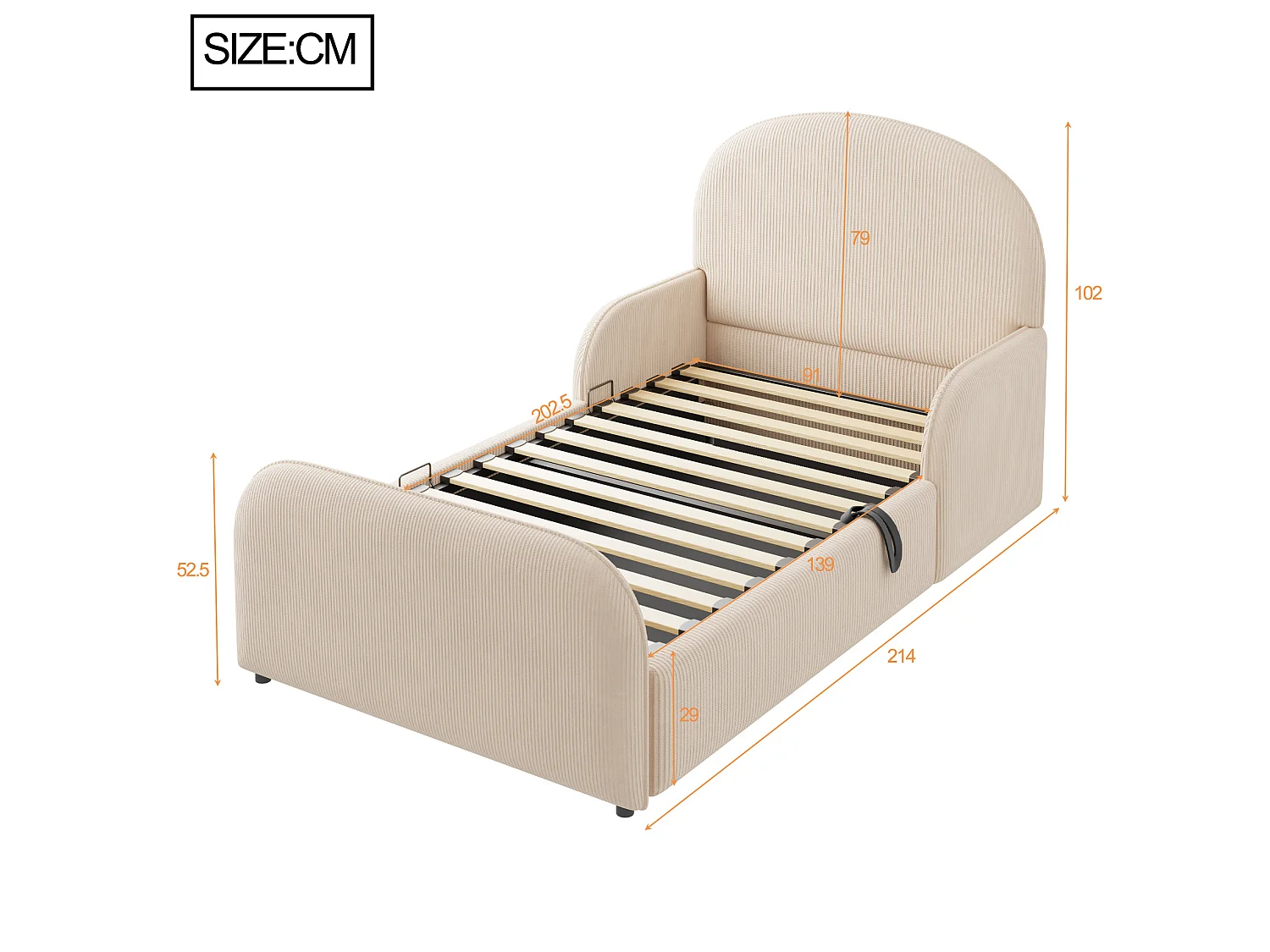 Lit coffre enfant 90x200 cm avec sommier à lattes - Tissu en velours beige