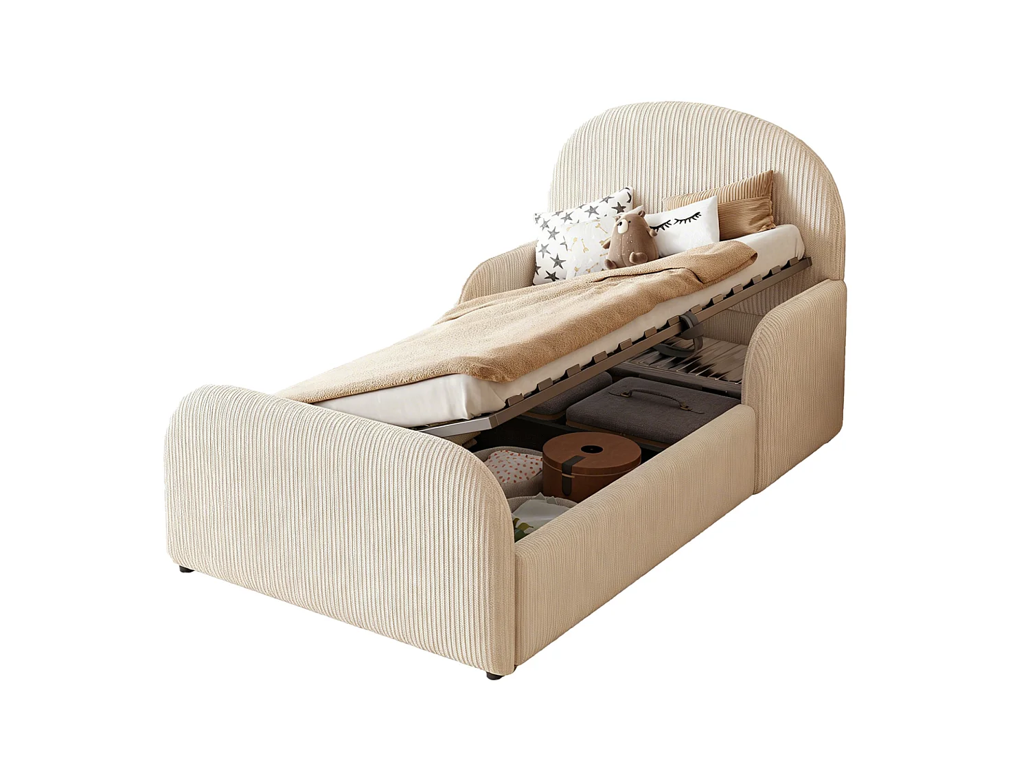 Lit coffre enfant 90x200 cm avec sommier à lattes - Tissu en velours beige