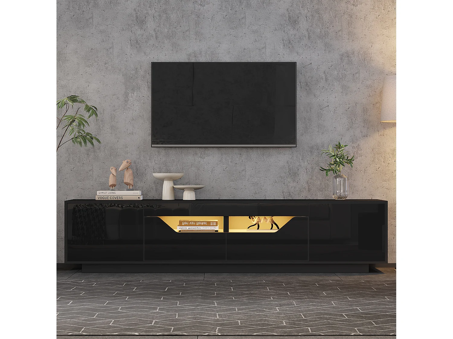 Meuble TV haute brillance 180x40x45 cm - Avec éclairage LED - 2 tiroirs et 2 portes - Compatible avec téléviseurs 75 pouces - Blanc