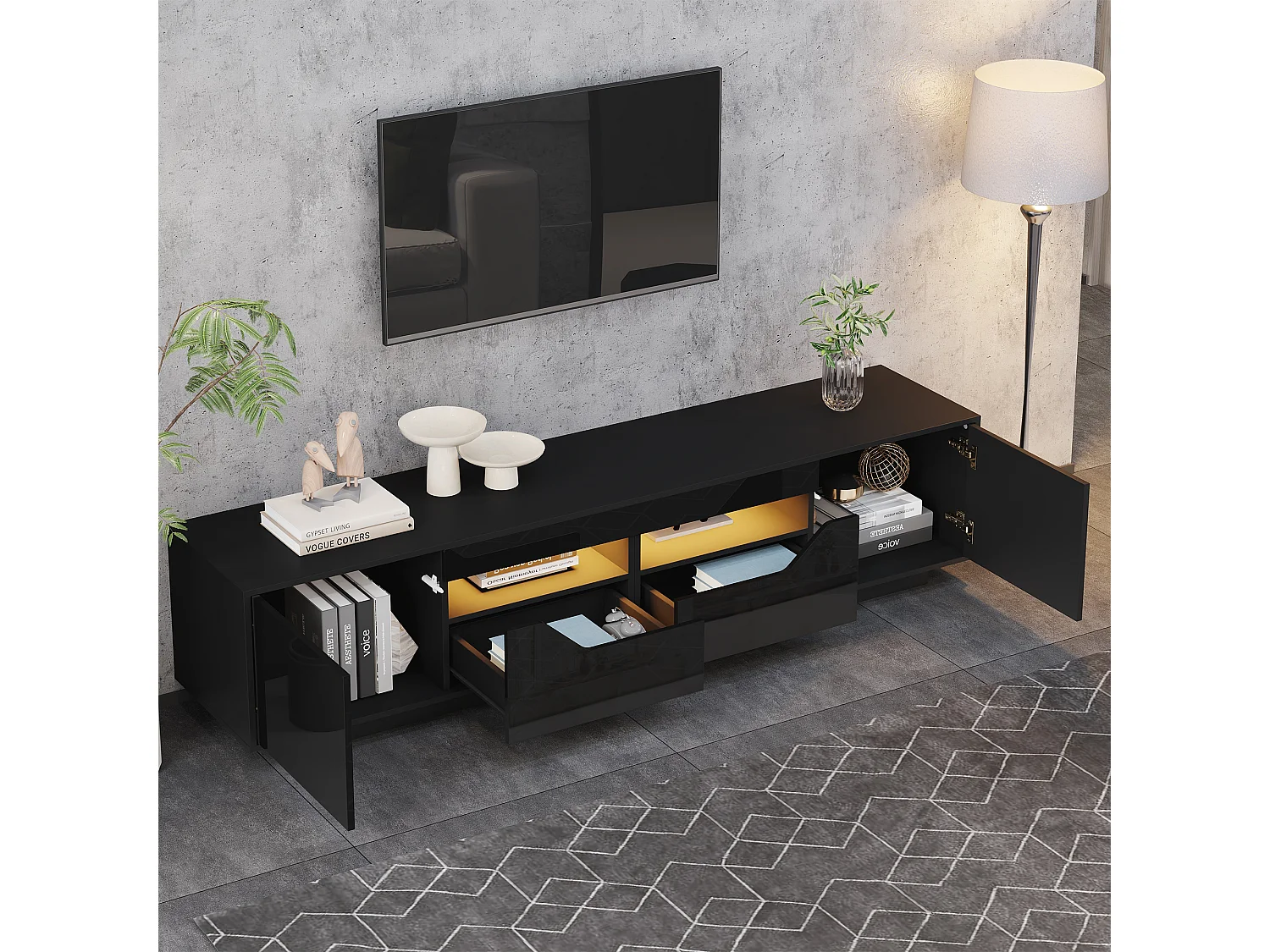 Meuble TV haute brillance 180x40x45 cm - Avec éclairage LED - 2 tiroirs et 2 portes - Compatible avec téléviseurs 75 pouces - Blanc