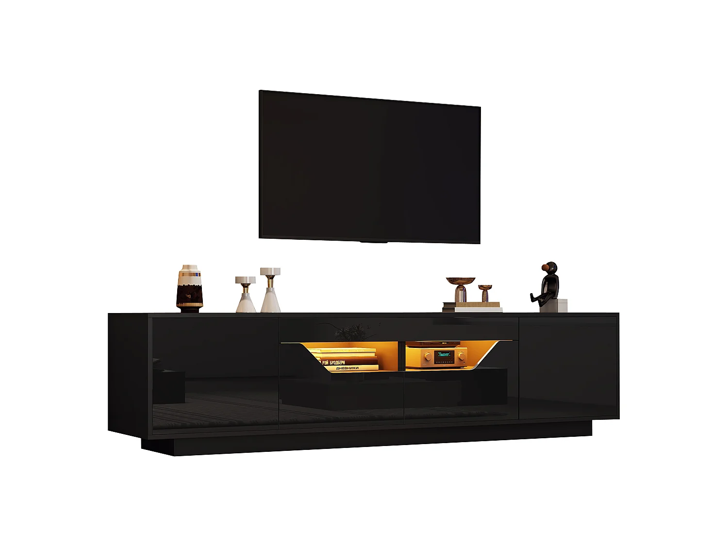 Meuble TV haute brillance 180x40x45 cm - Avec éclairage LED - 2 tiroirs et 2 portes - Compatible avec téléviseurs 75 pouces - Blanc