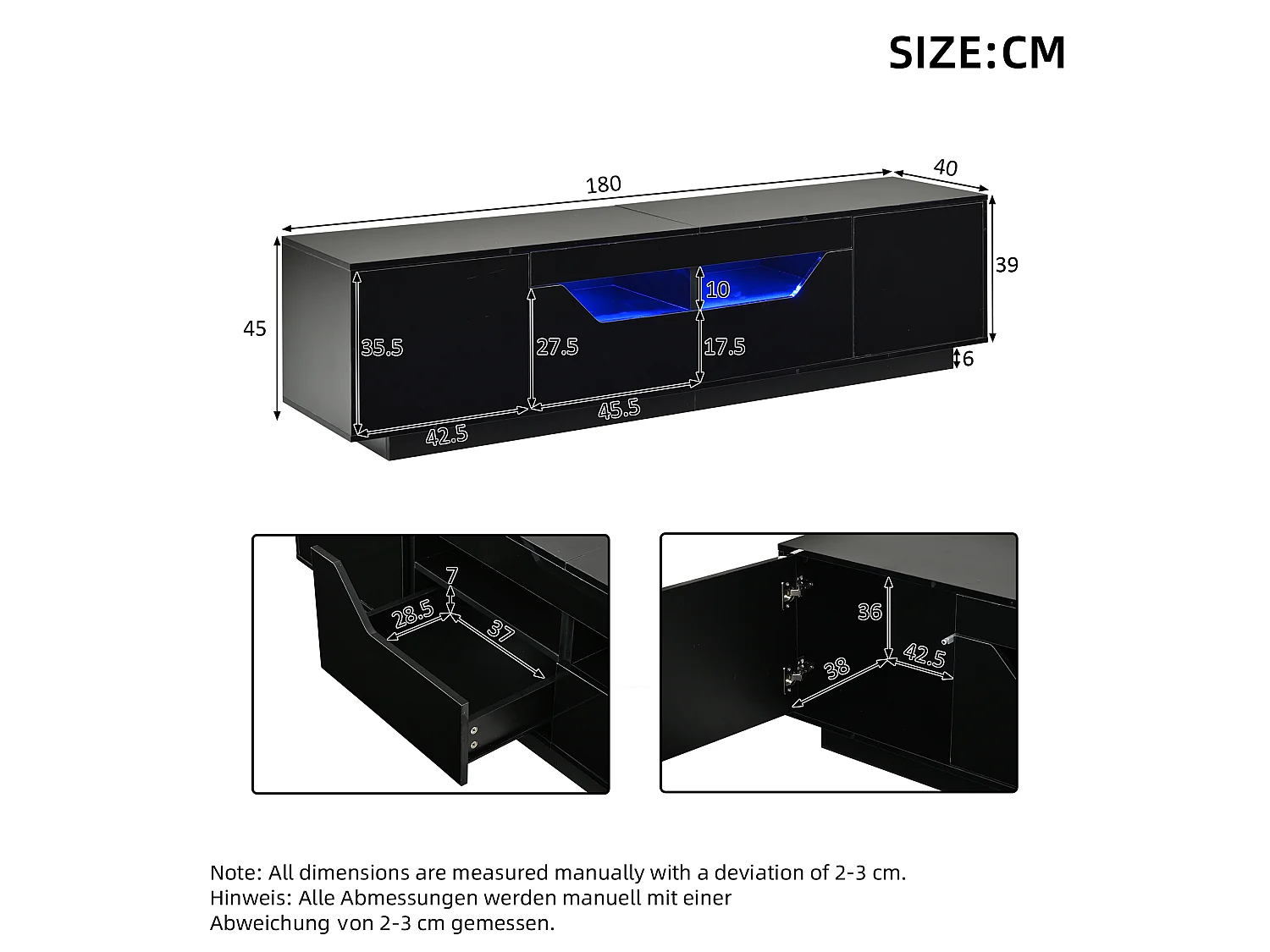 Meuble TV haute brillance 180x40x45 cm - Avec éclairage LED - 2 tiroirs et 2 portes - Compatible avec téléviseurs 75 pouces - Blanc