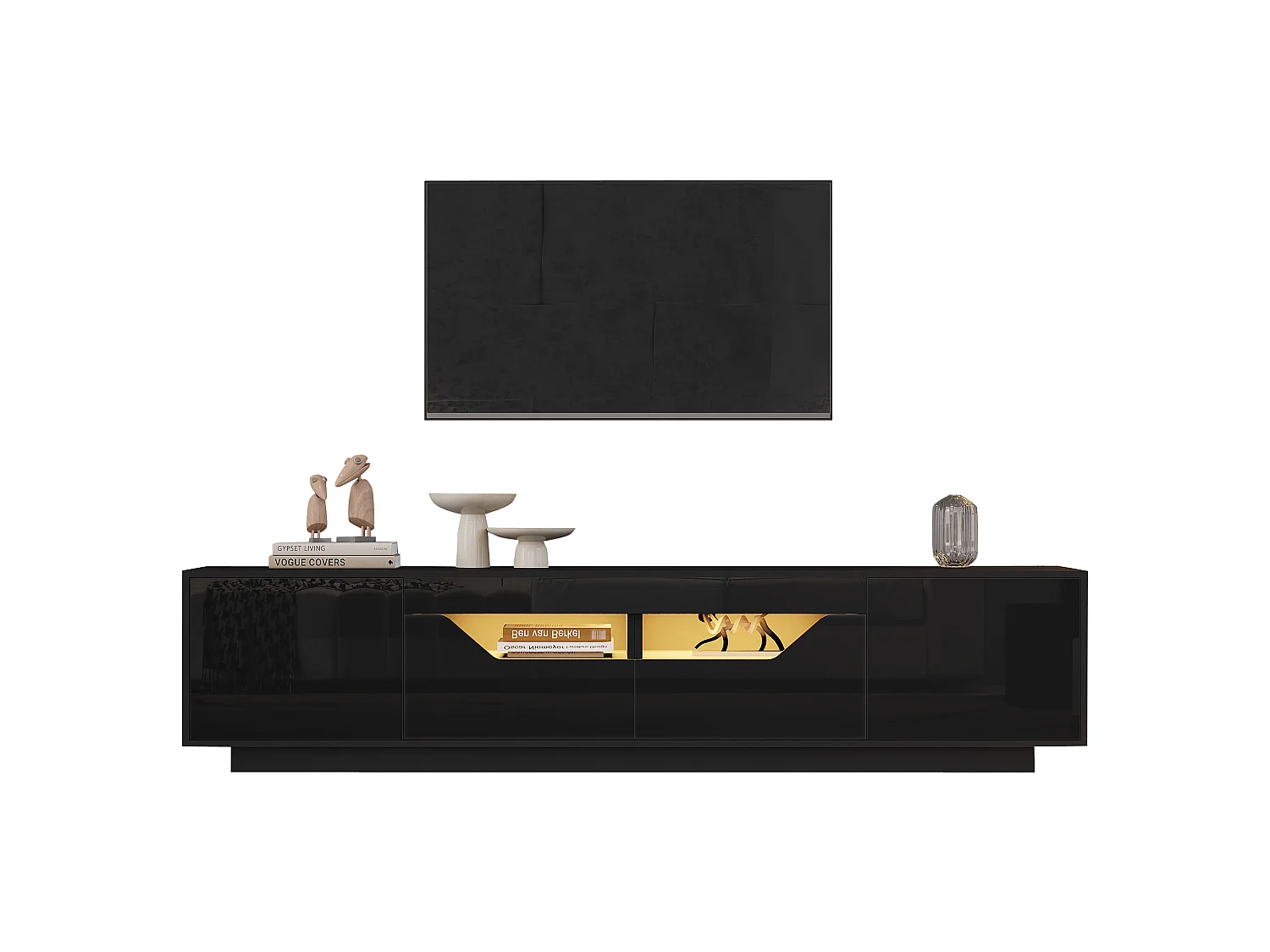Meuble TV haute brillance 180x40x45 cm - Avec éclairage LED - 2 tiroirs et 2 portes - Compatible avec téléviseurs 75 pouces - Blanc