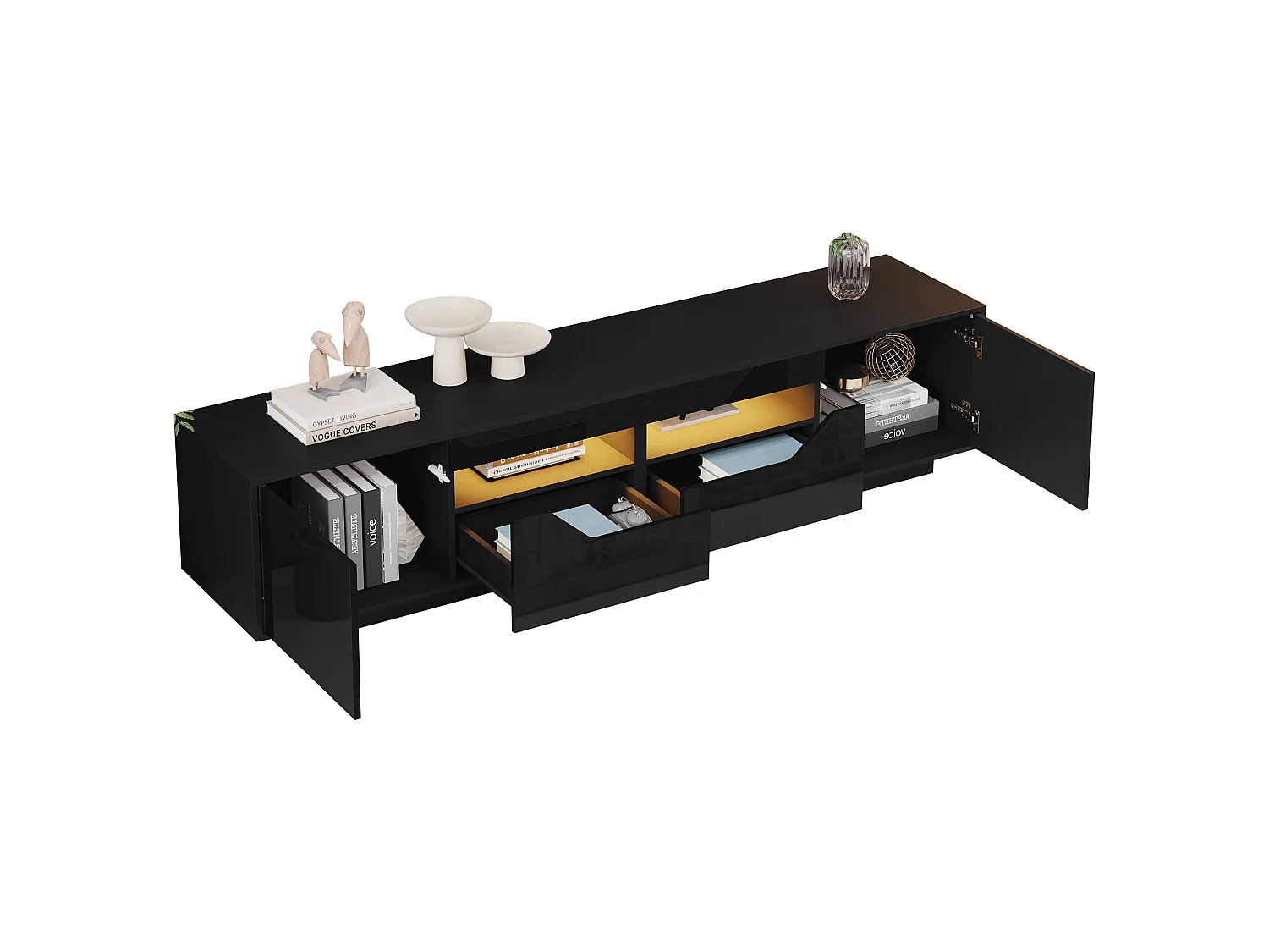 Meuble TV haute brillance 180x40x45 cm - Avec éclairage LED - 2 tiroirs et 2 portes - Compatible avec téléviseurs 75 pouces - Blanc