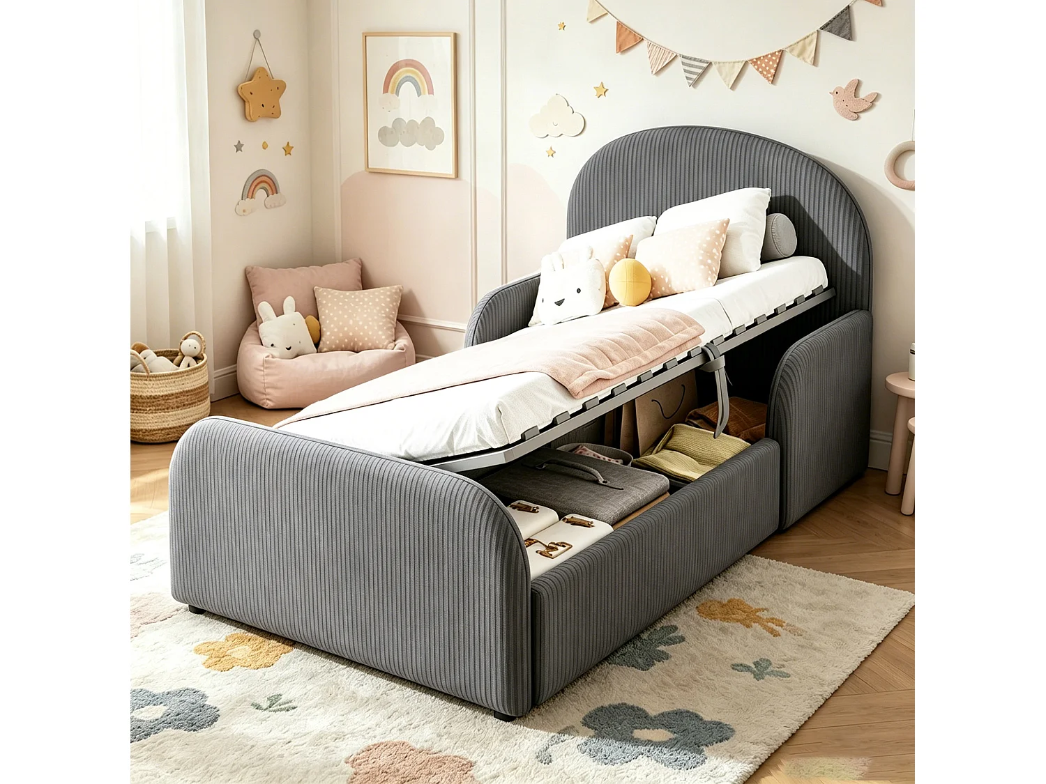 Lit coffre enfant 90x200 cm avec sommier à lattes - Tissu en velours gris