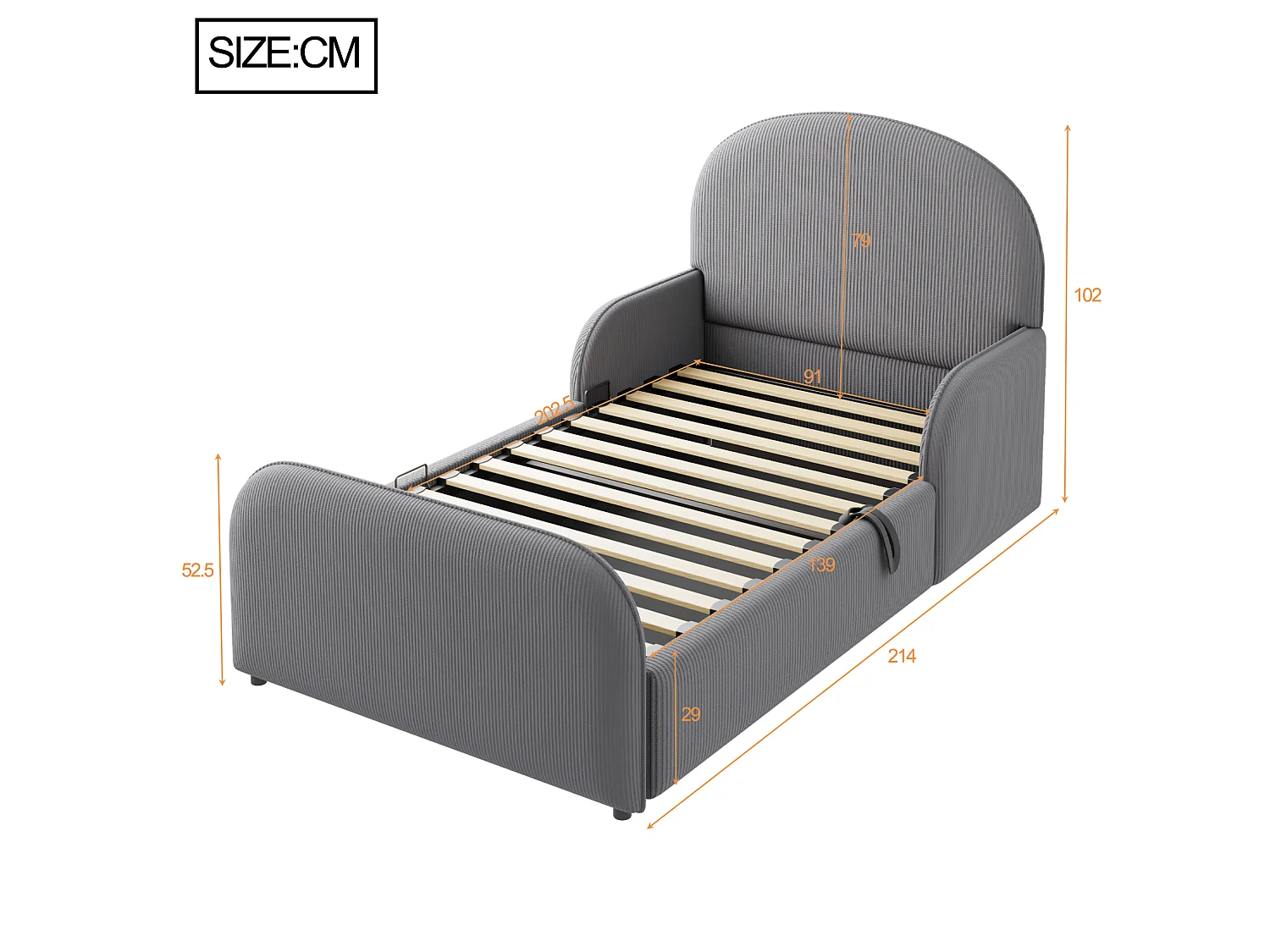 Lit coffre enfant 90x200 cm avec sommier à lattes - Tissu en velours gris