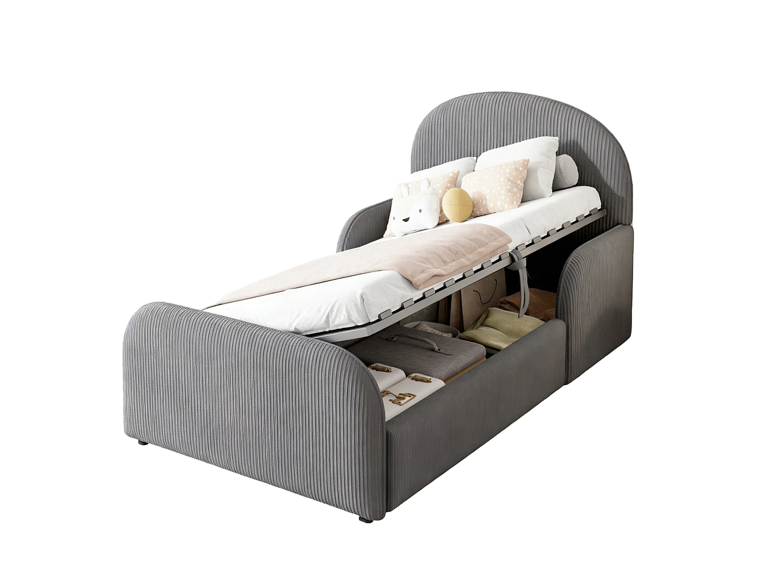 Lit coffre enfant 90x200 cm avec sommier à lattes - Tissu en velours gris
