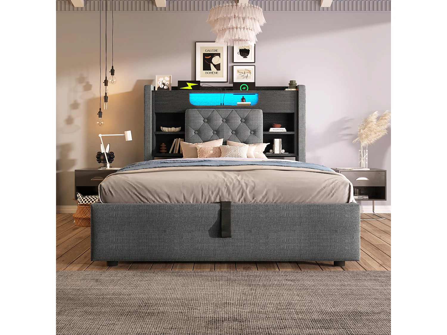 Lit coffre enfant 90x200 cm avec LED et USB/Type-C - Lit simple en lin gris