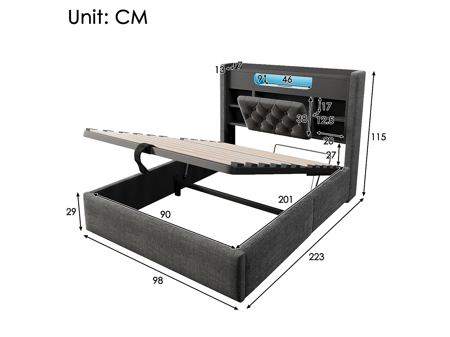 Lit coffre enfant 90x200 cm avec LED et USB/Type-C - Lit simple en lin gris