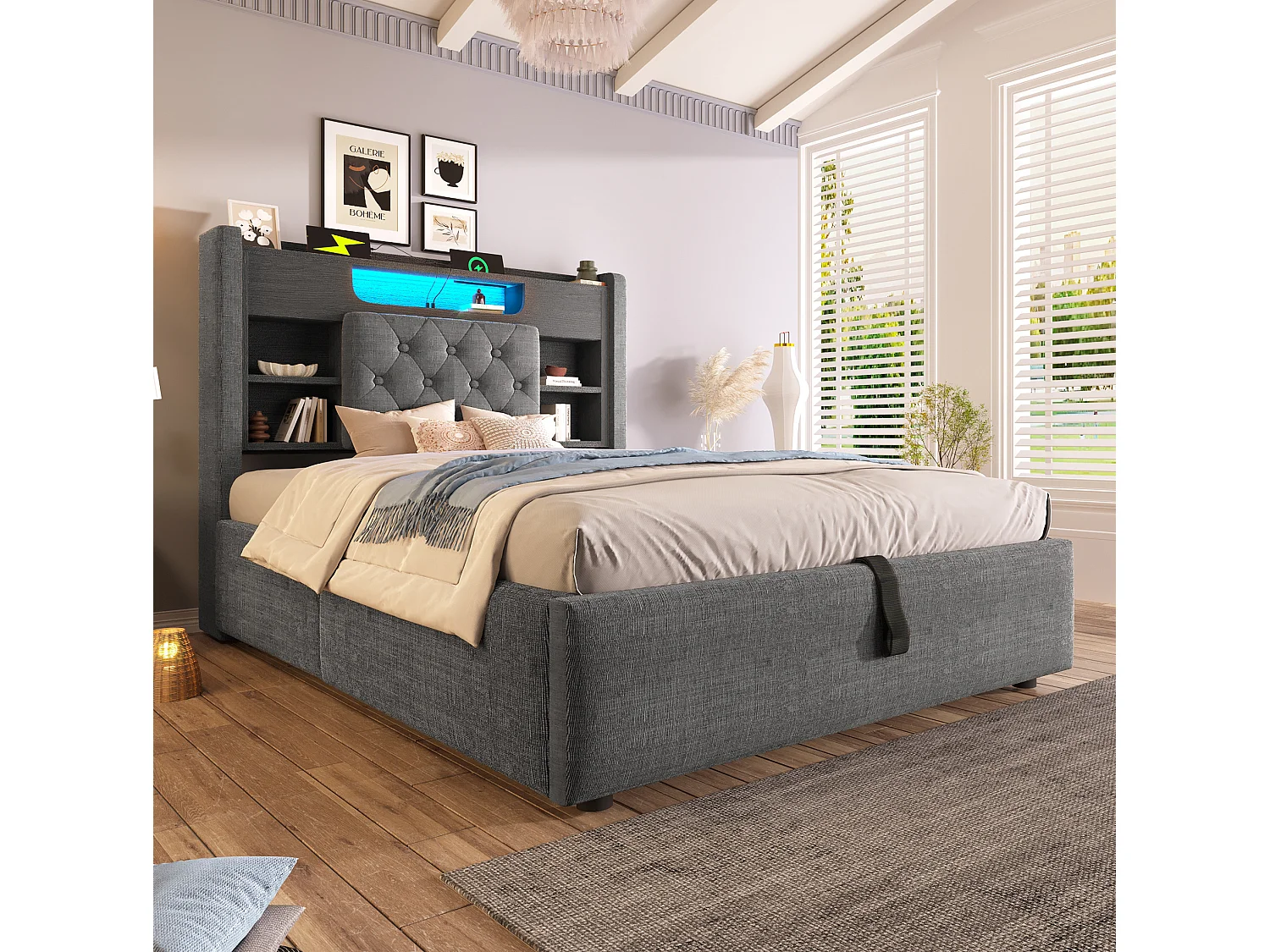 Lit coffre enfant 90x200 cm avec LED et USB/Type-C - Lit simple en lin gris
