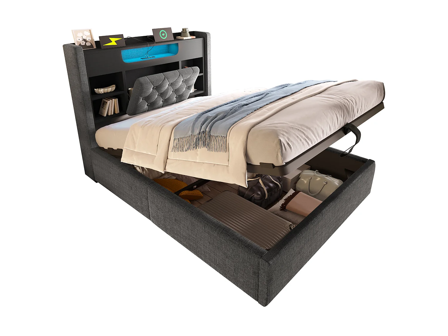 Lit coffre enfant 90x200 cm avec LED et USB/Type-C - Lit simple en lin gris