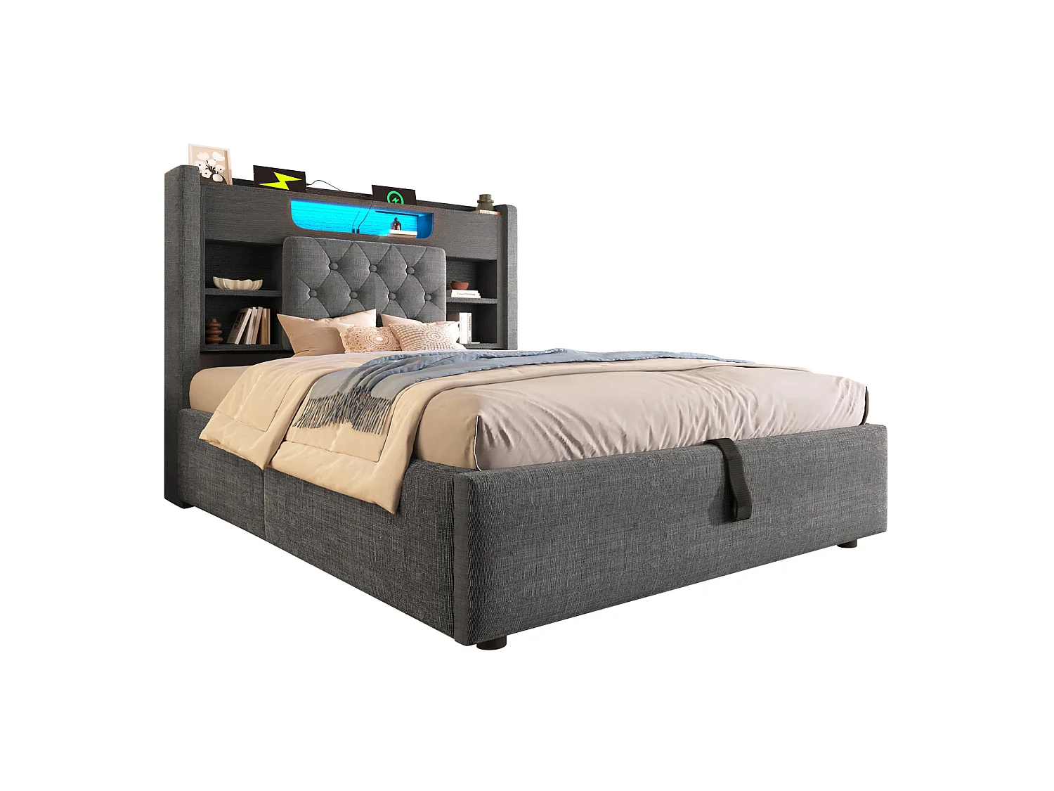 Lit coffre enfant 90x200 cm avec LED et USB/Type-C - Lit simple en lin gris