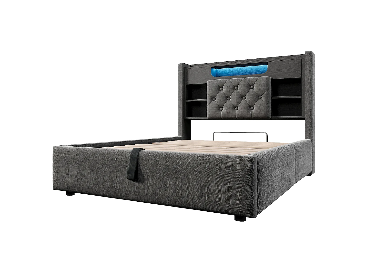 Lit coffre enfant 90x200 cm avec LED et USB/Type-C - Lit simple en lin gris