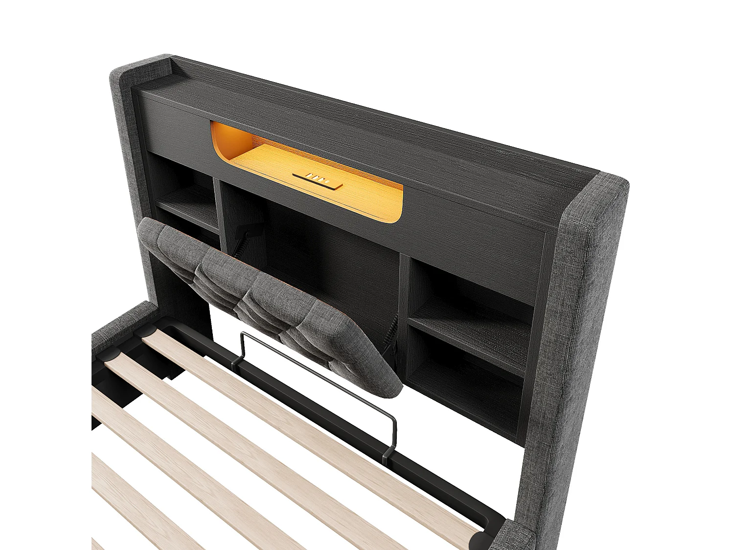 Lit coffre enfant 90x200 cm avec LED et USB/Type-C - Lit simple en lin gris