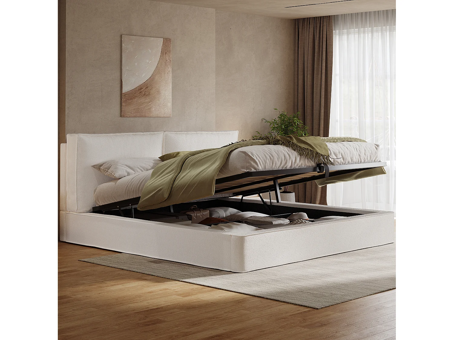Lit coffre adulte 180x200 cm tissu bouclé avec sommier à lattes - Lit double beige