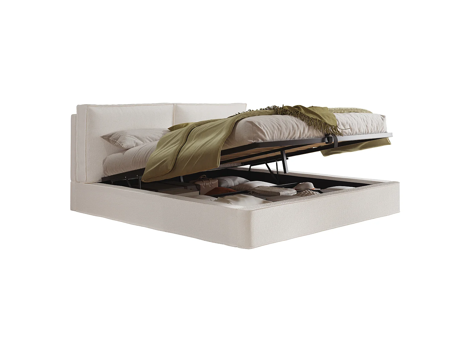 Lit coffre adulte 180x200 cm tissu bouclé avec sommier à lattes - Lit double beige