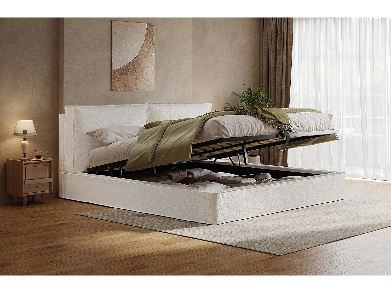 Lit coffre adulte 180x200 cm tissu bouclé avec sommier à lattes - Lit double beige