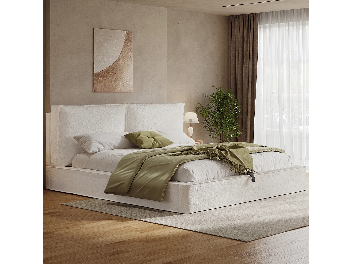 Lit coffre adulte 180x200 cm tissu bouclé avec sommier à lattes - Lit double beige