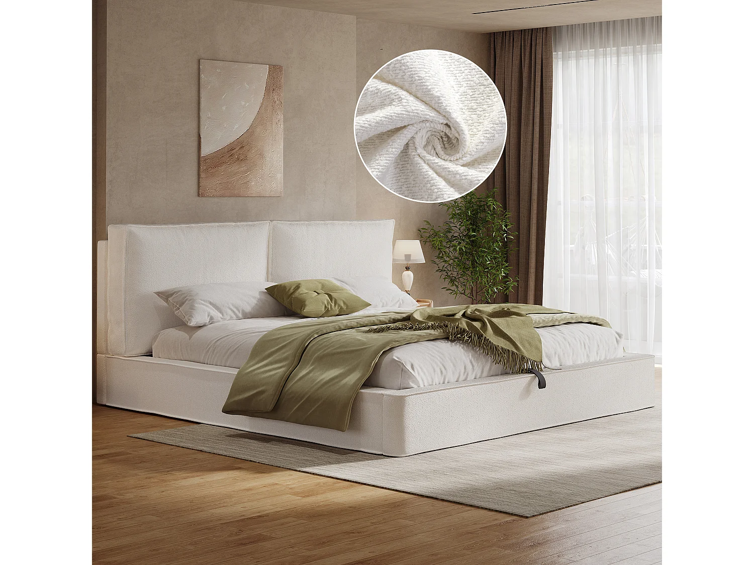 Lit coffre adulte 180x200 cm tissu bouclé avec sommier à lattes - Lit double beige