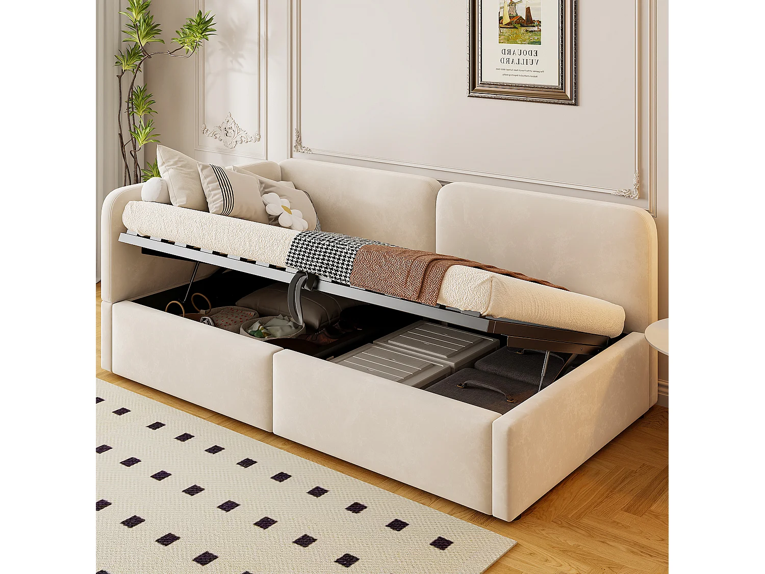 Lit coffre 90x200 cm en velours beige - Lit banquette pour enfant et adulte
