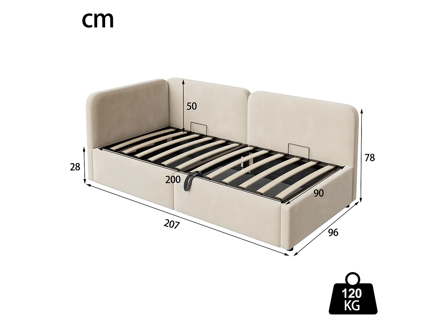 Lit coffre 90x200 cm en velours beige - Lit banquette pour enfant et adulte