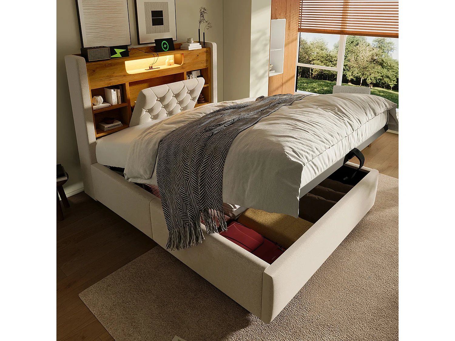 Kinderbed met opbergruimte 90x200 cm met LED en USB/Type-C - Eenpersoonsbed in beige linnen